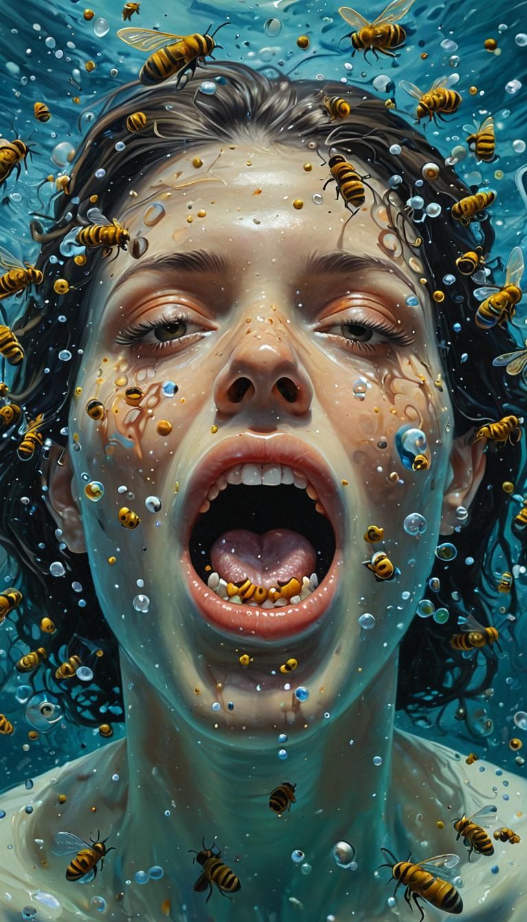 Surreal Underwater Mindscape with Bees, in Oil