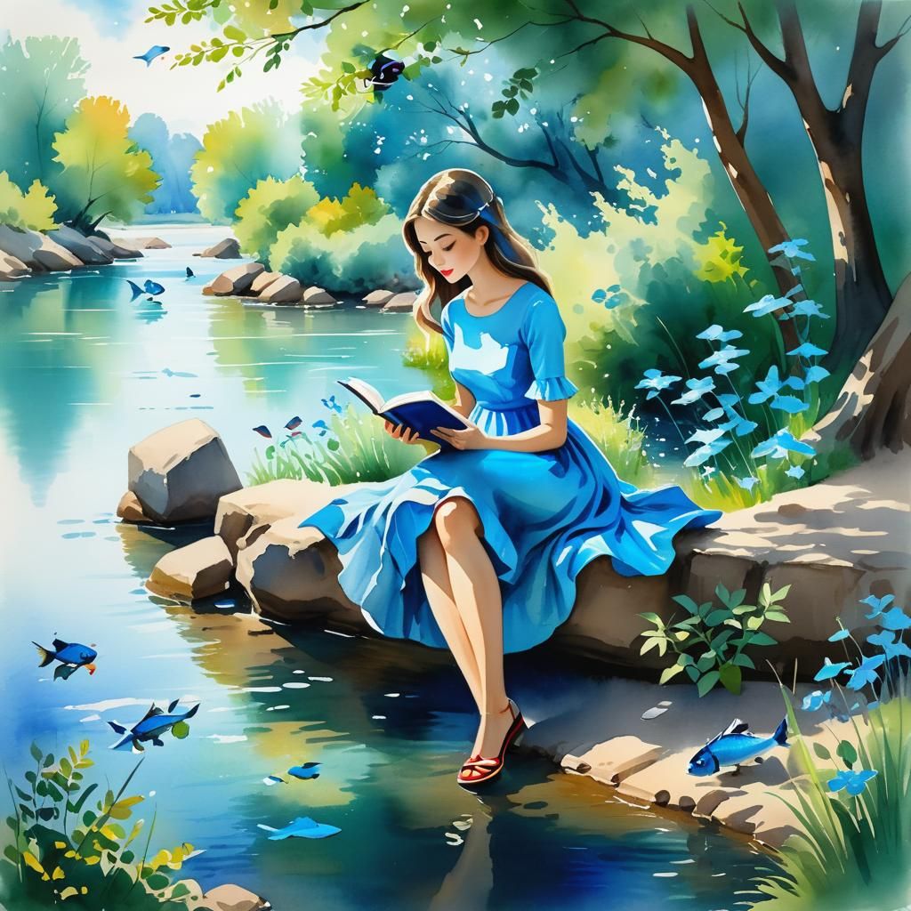 Girl Reading by Blue River: Impressionistic Watercolor