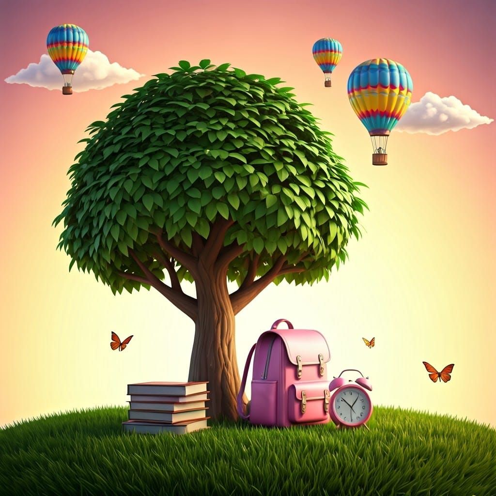 Tree with Schoolbag in Pixar Style 3D Render