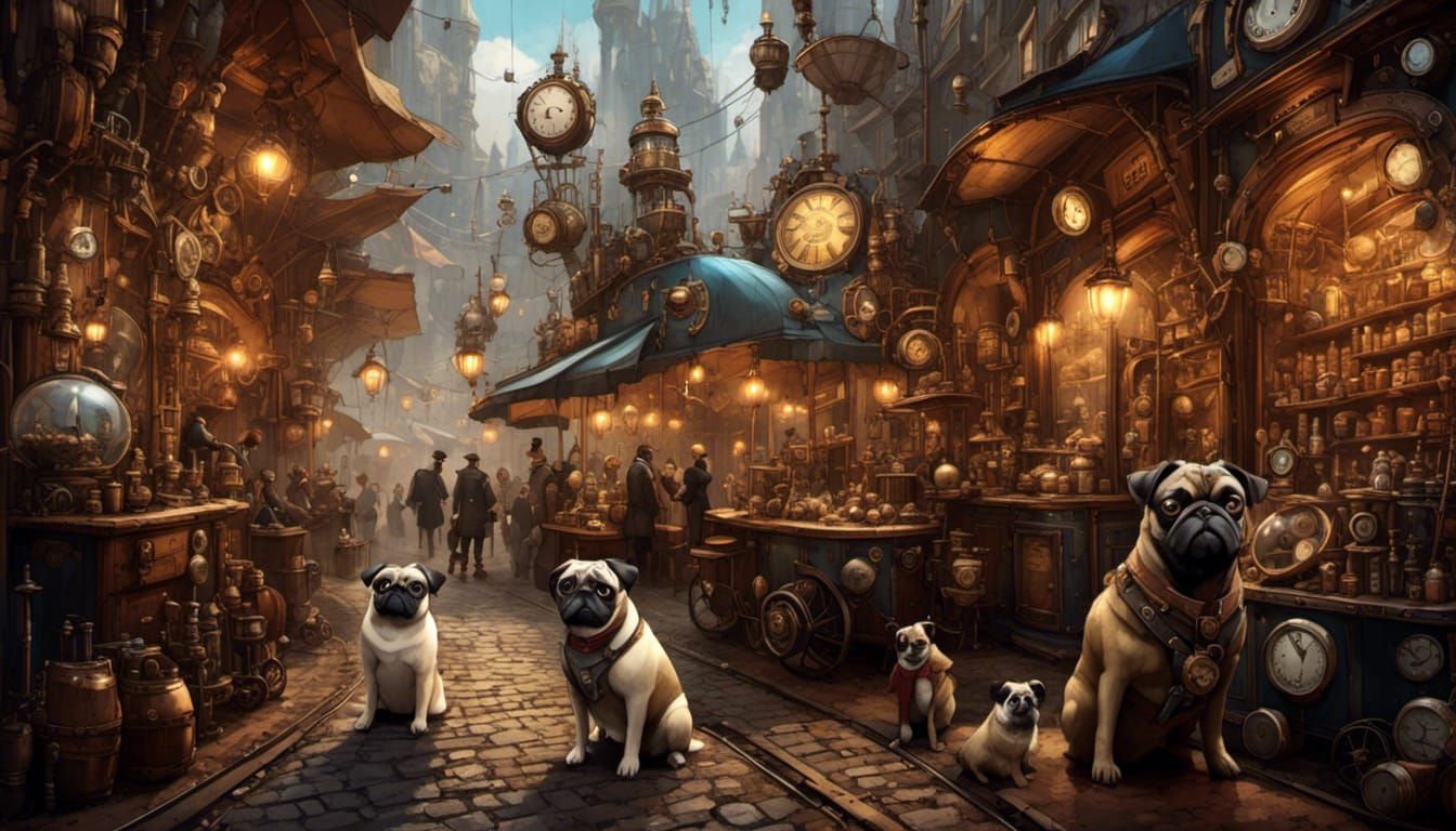 Steampunk Store with Pugs on a Steampunk Street