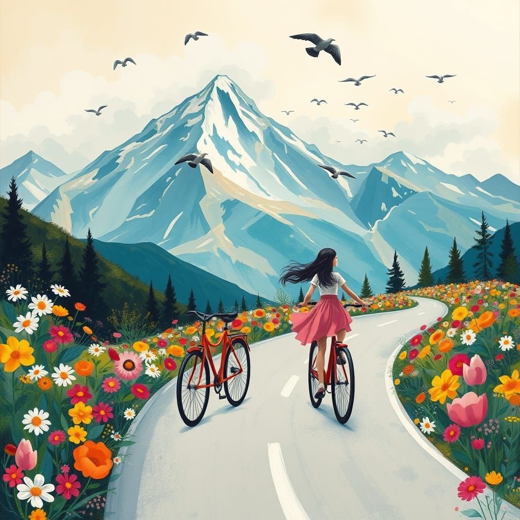 Vibrant Whimsical Scene of Girls Riding Bicycles Amidst Flow...