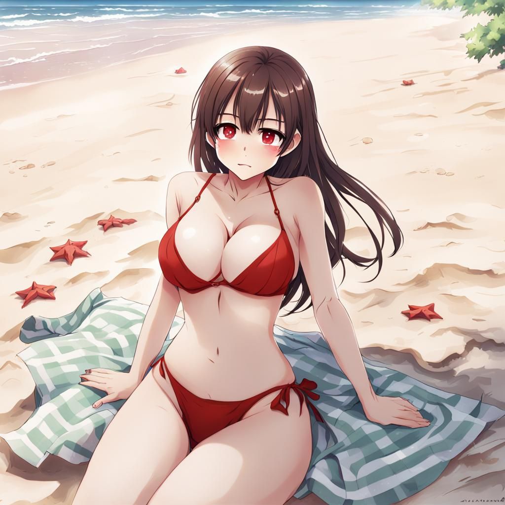 Embarrassed Anime Girl on Beach in Manga Style