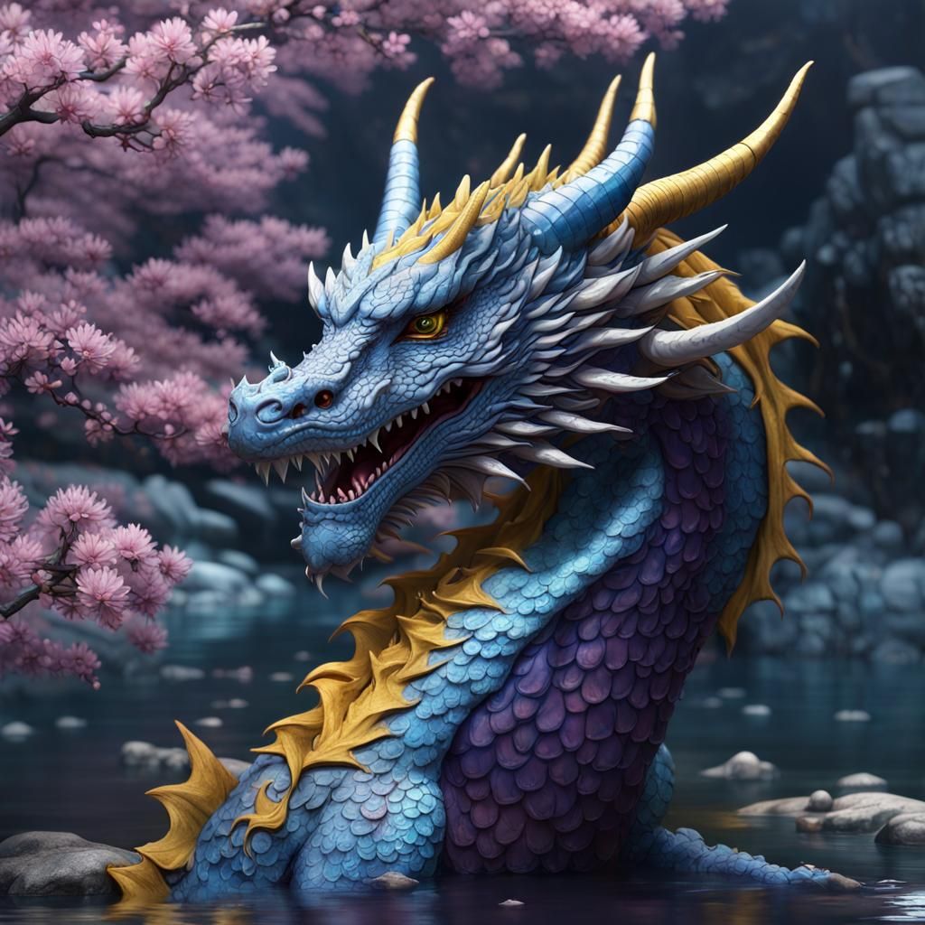 Blue Japanese Dragon in Dark Fantasy Style