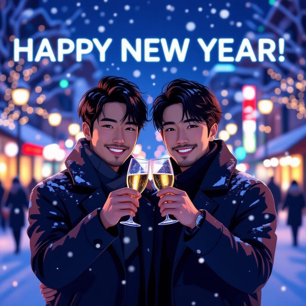 Joyous Winter New Year's Eve Toast by Japanese Couple