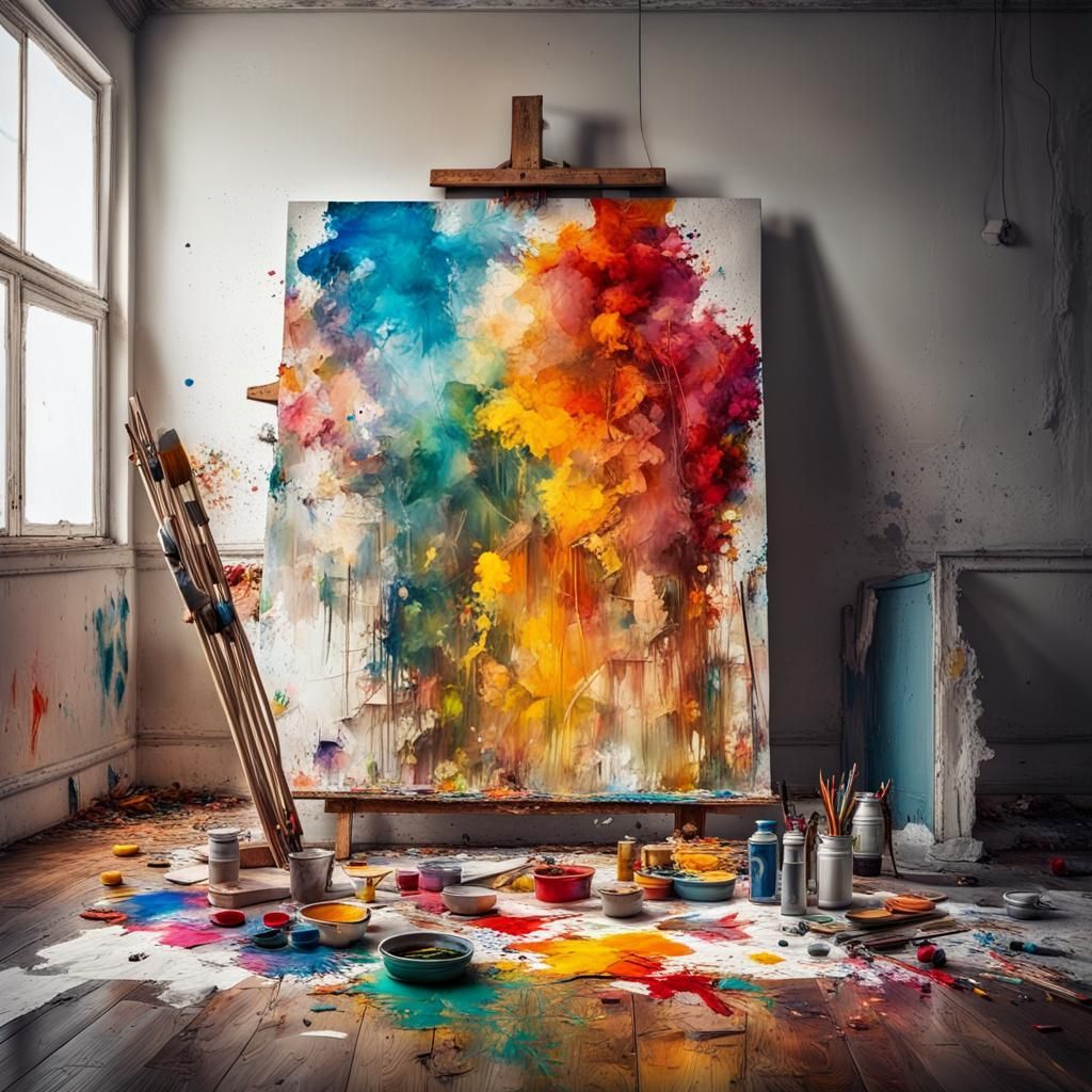 Colorful Mess on Palette in Bright Studio