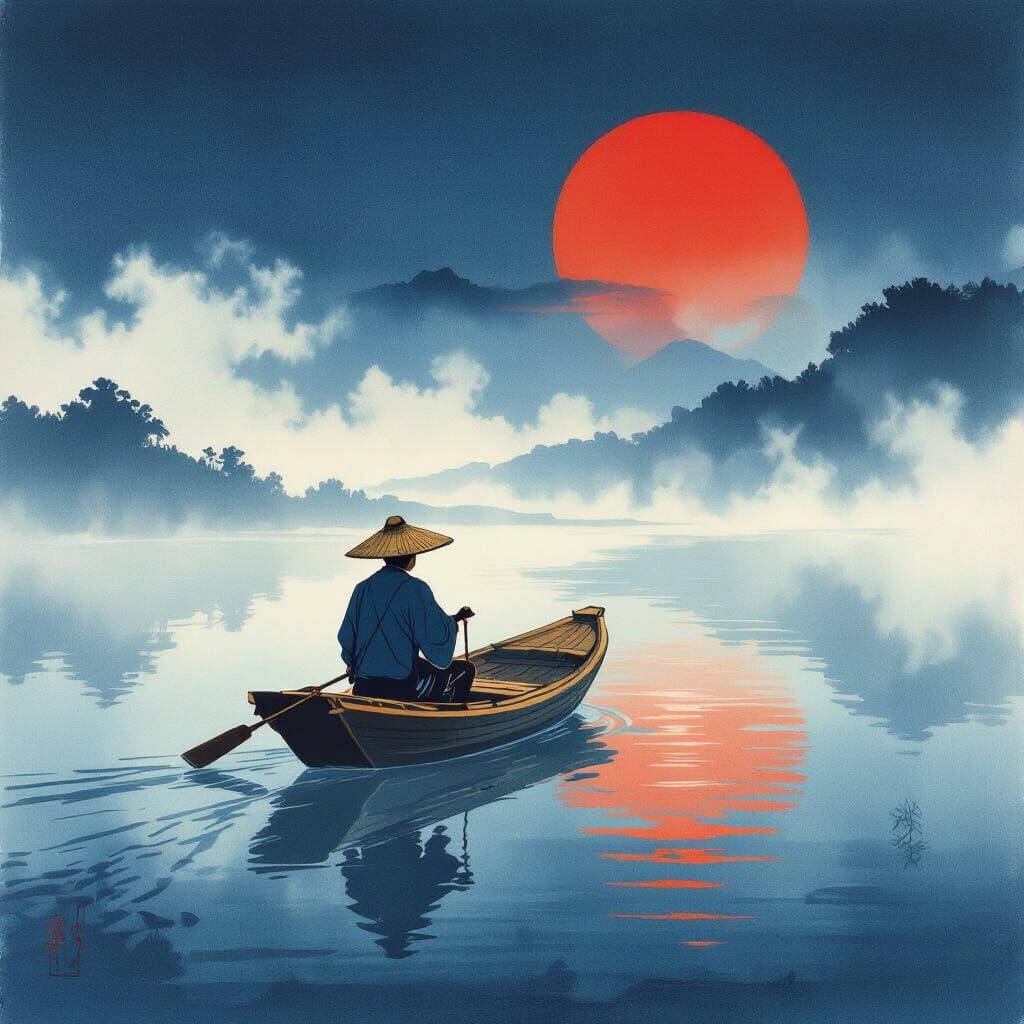 Fisherman's Mist Voyage in Ukiyo-e Style