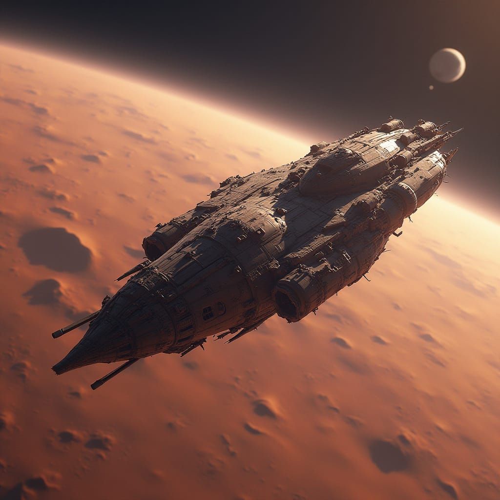 Derelict Spacecraft in Orbit of a Desert Planet in Futuristi...