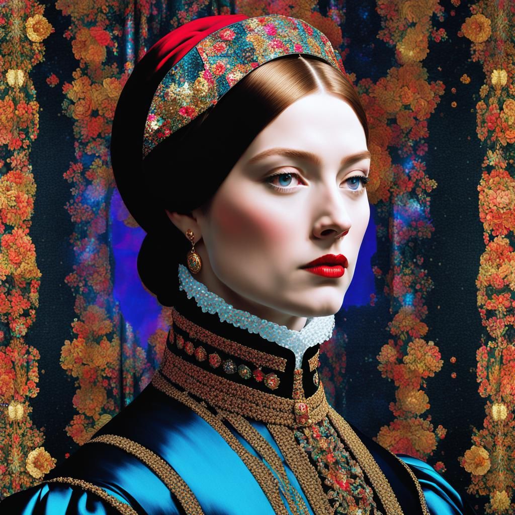 Glitched Tudor Noblewoman Portrait in Digital Art Style