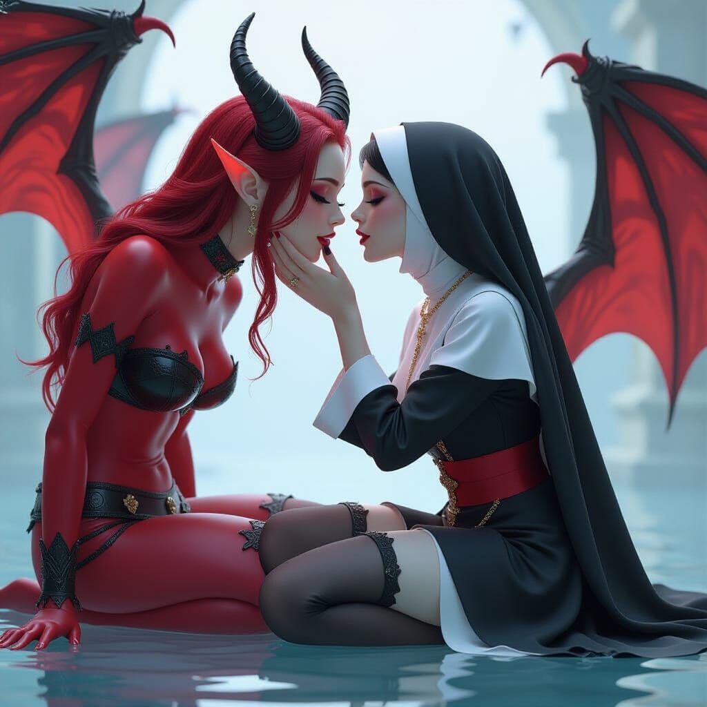 Nun and Demon Kiss in Dramatic 3D Anime Art