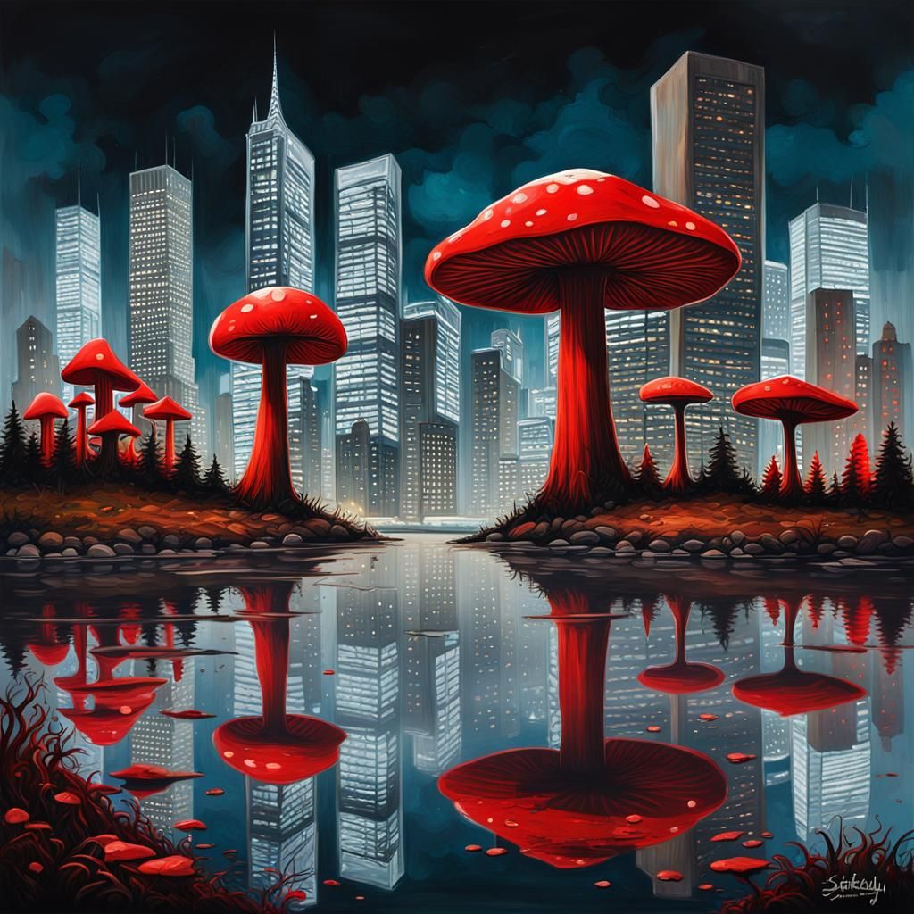 Night Cityscape with Giant Mushrooms in Graffiti Art