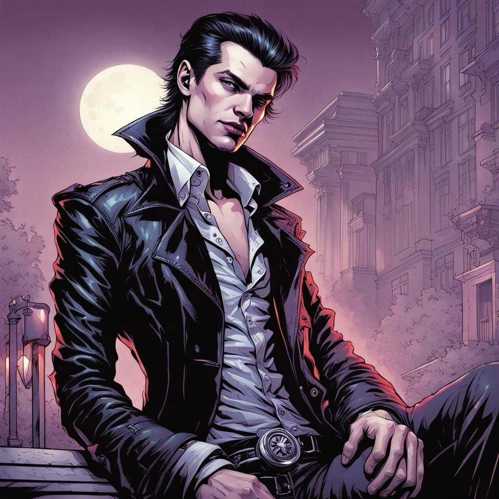 Handsome Vampire in Punk Outfit, Comic Book Art