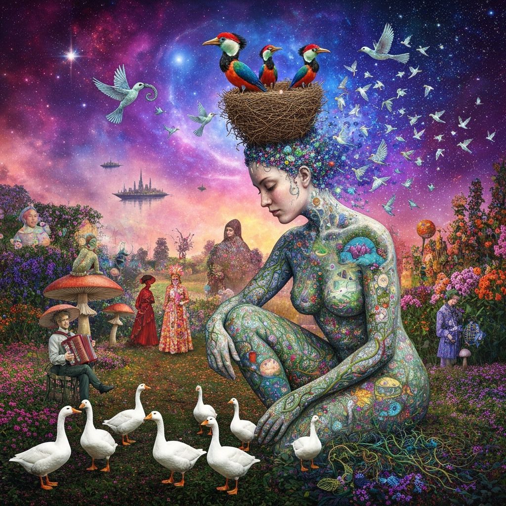 Ethereal Woman Transforms into Birds Amidst Cosmic Energy