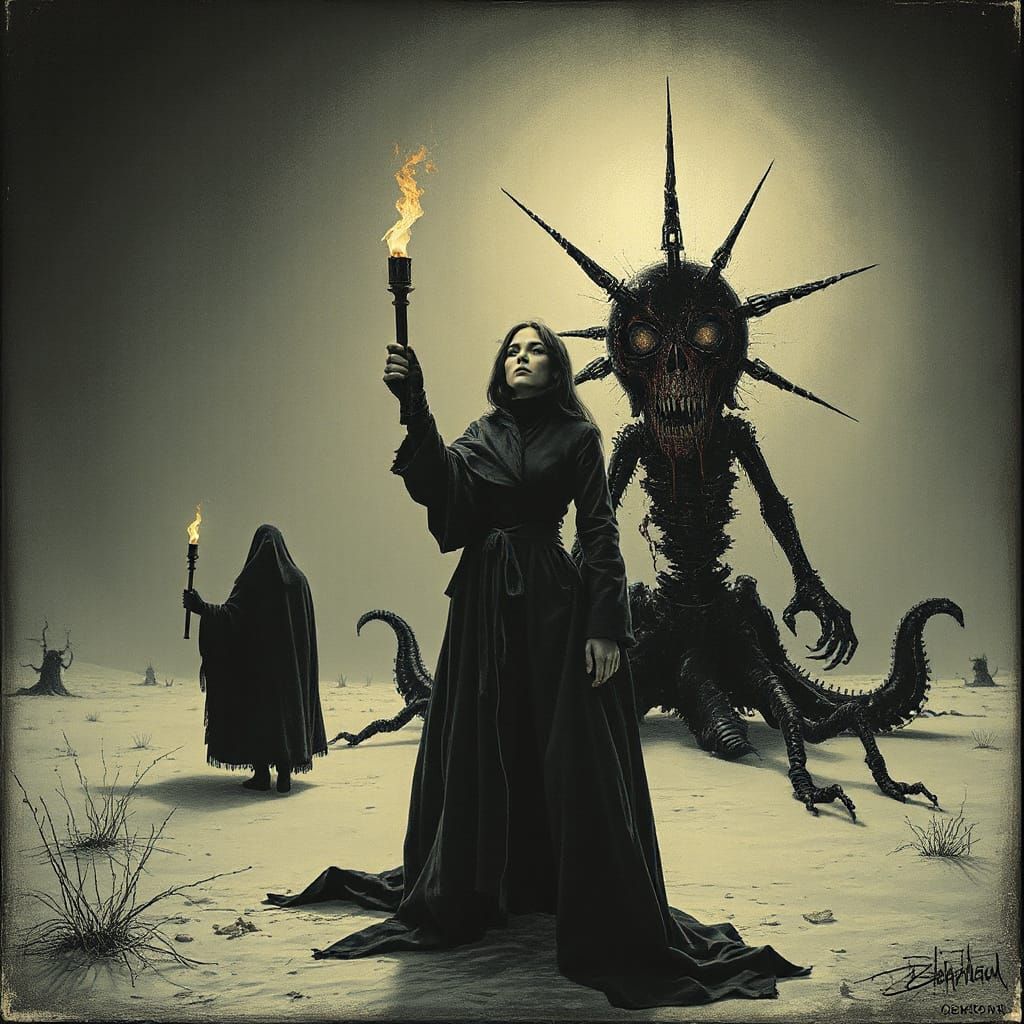 Surreal Dark Goddesses in Twisted, Eerie Landscape