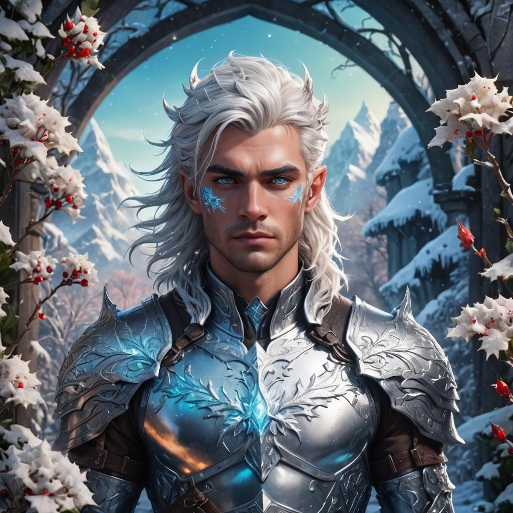 A detailed, beautiful, young fae male warrior. With white ha...