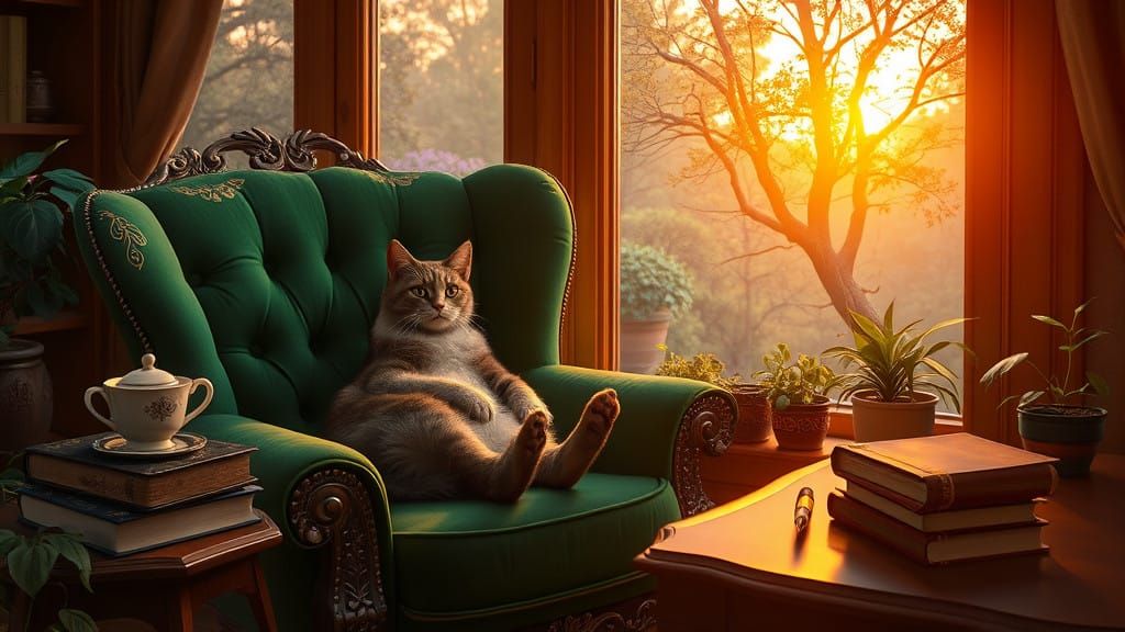 Cozy room with warm sunset hues, golden hour light pouring in through the window, illuminating a plush cat lounging in a...