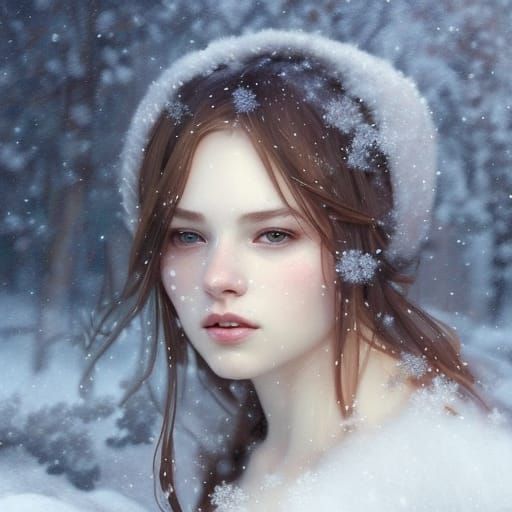 Beautiful Woman in Falling Snow: Digital Portrait