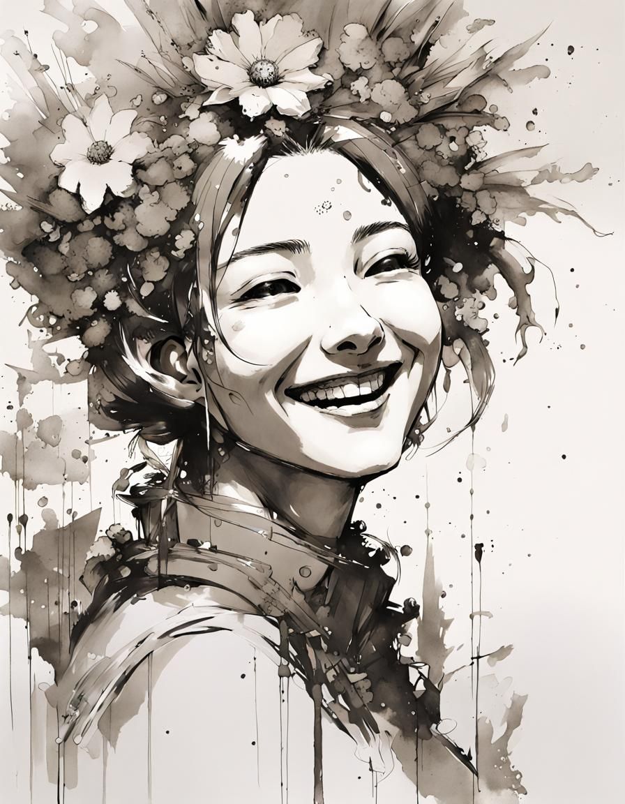 Solarpunk Flower Princess Portrait in Ink Painting Style