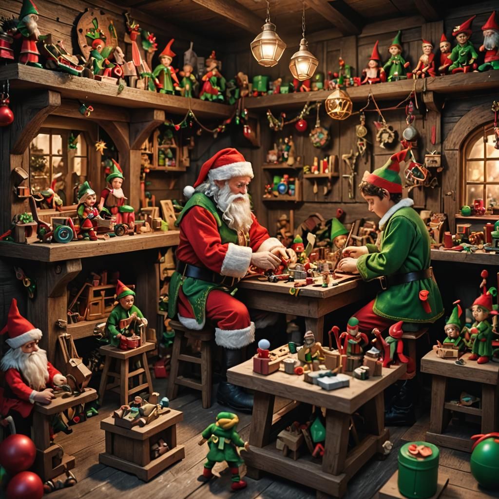 Jovial Elves Craft Toys in Santa's Workshop with Hyperrealis...