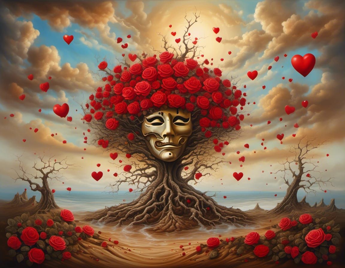 Surreal Mask Fused with Tree in Dreamscape