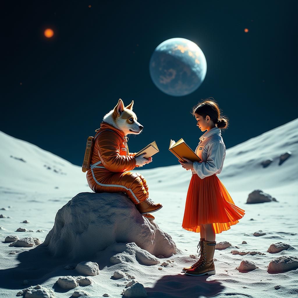 Dog Reads Novel on the Moon in Surreal Style