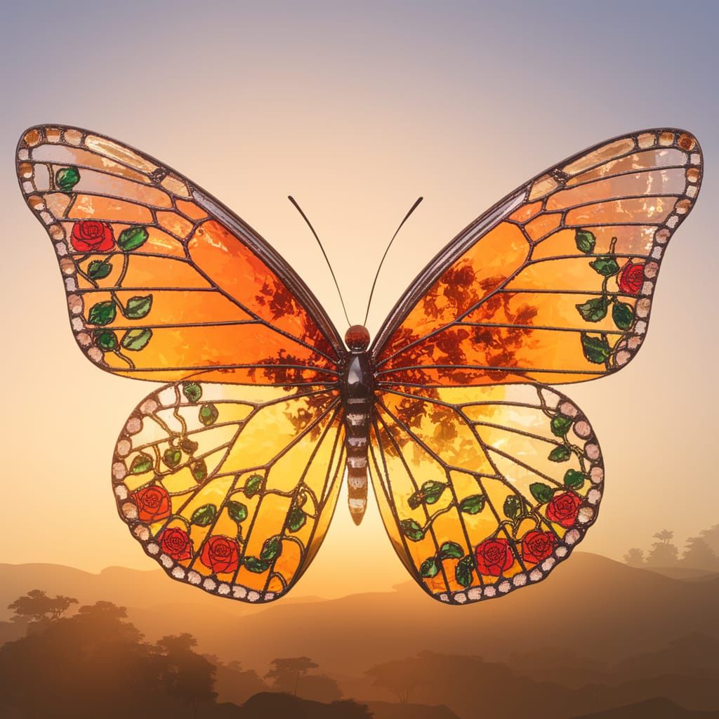Glowing Diamond Butterfly Soars Through Sunset Sky