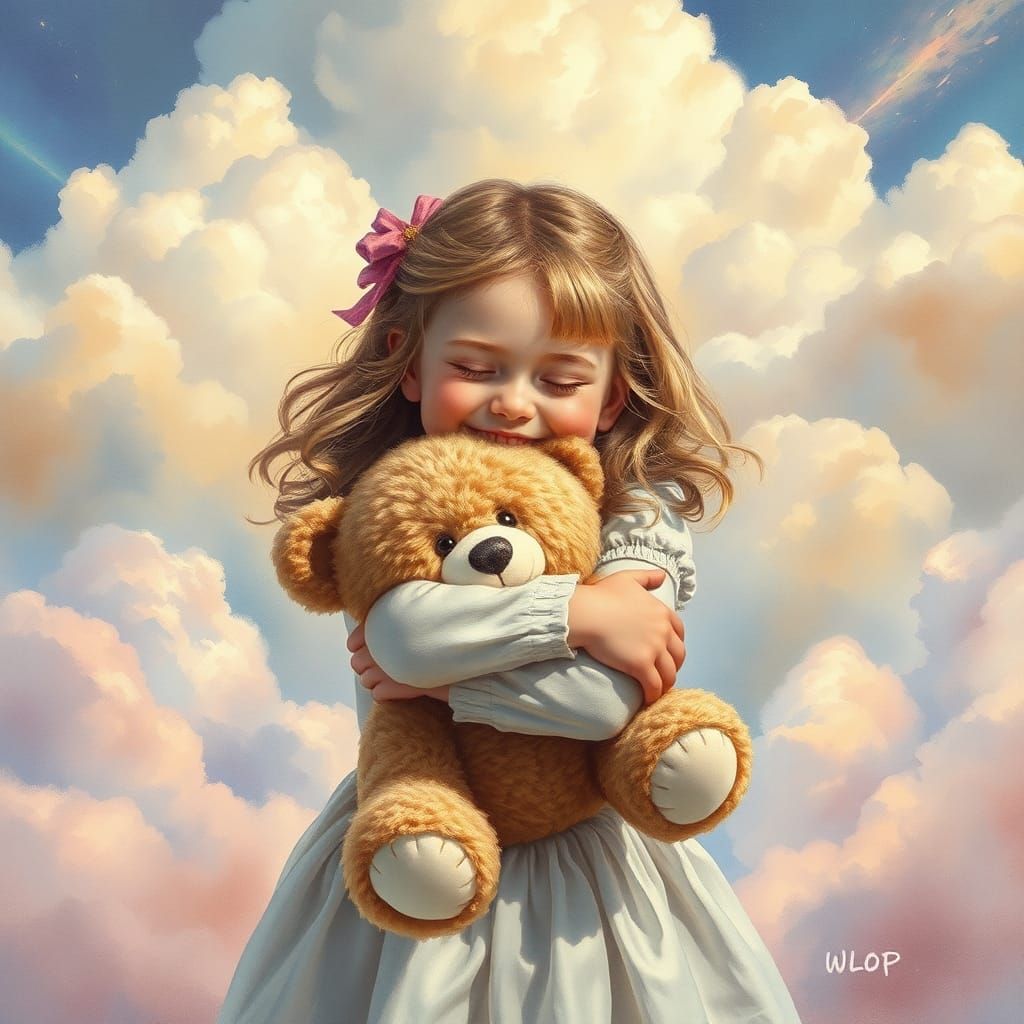 Girl Hugging Teddy Bear in Surreal Watercolor Dreamscape
