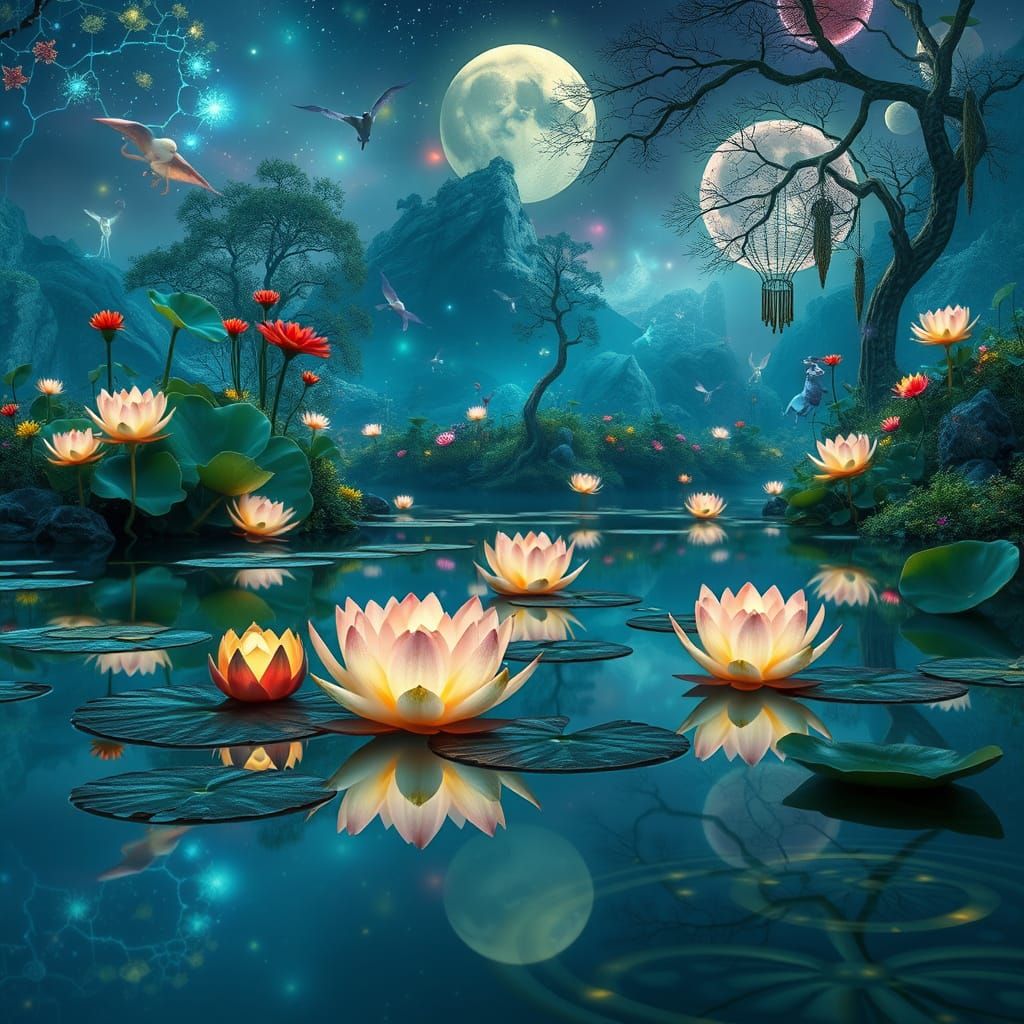 Ethereal Lotus Blooms in Dreamlike Pond Scene