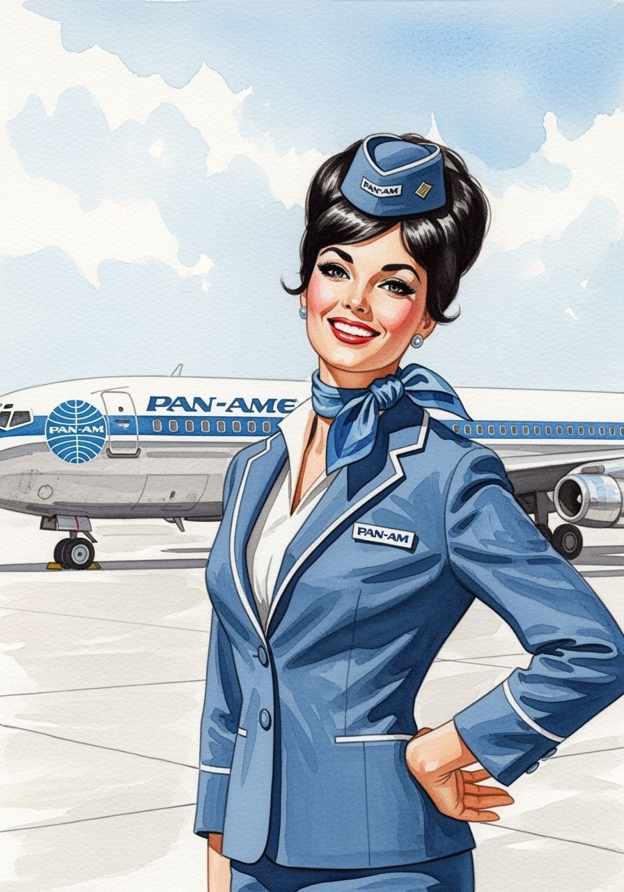 Pan-Am Stewardess Pinup in Watercolor Style