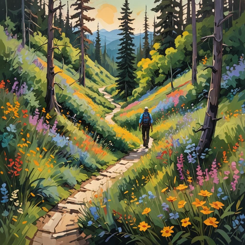 Lone Hiker on Winding Trail in Abstract Expressionism