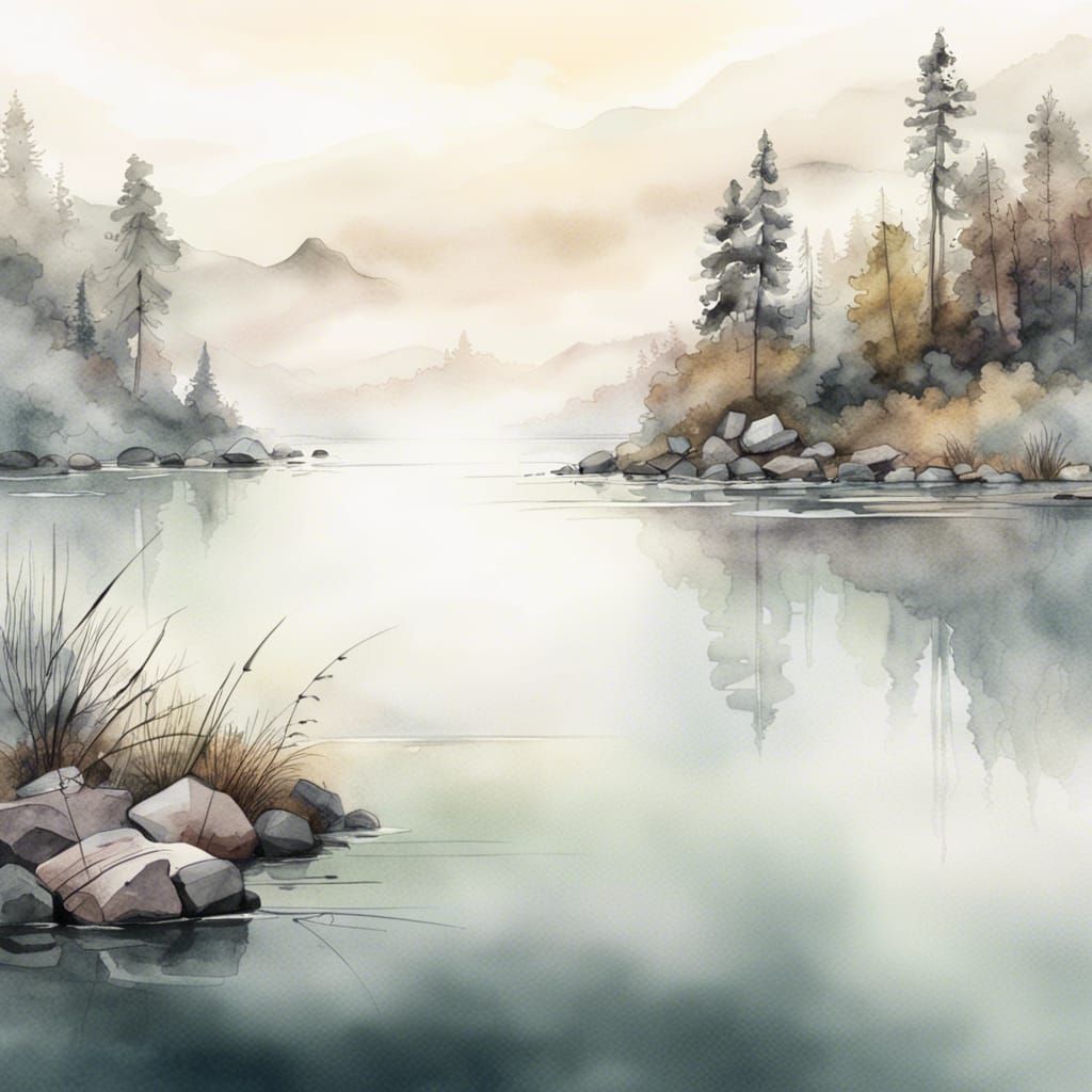 Mist Shrouded Lake: Watercolor and Ink Painting