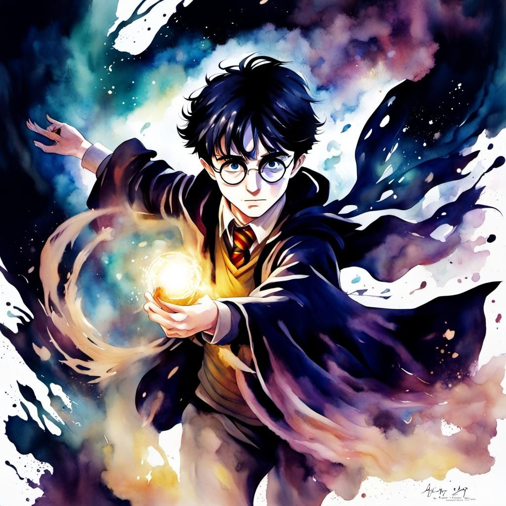 Harry Potter in Swirling Mystical Energy: Watercolor Anime