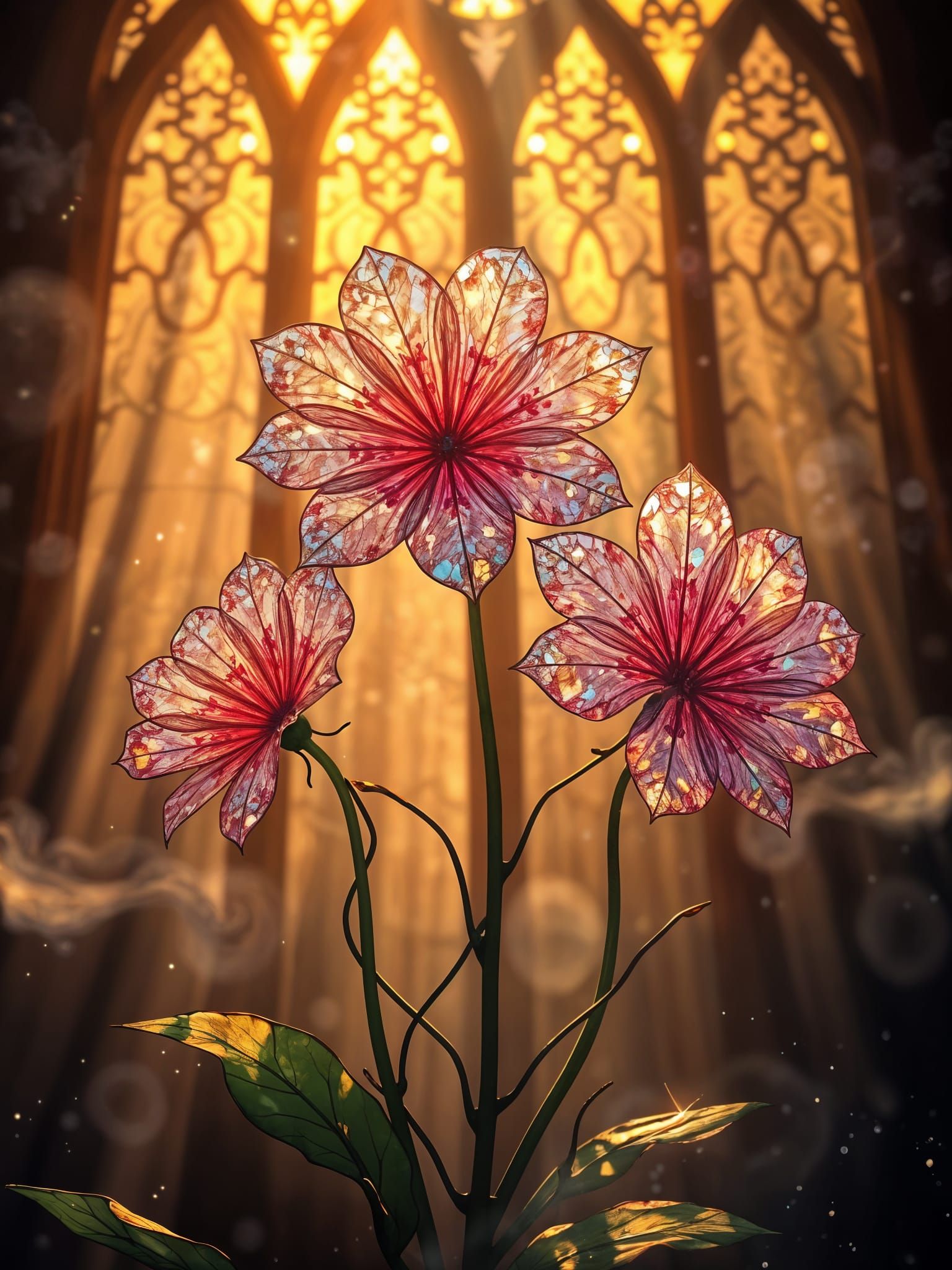 Surreal, Photorealistic Flowers in Smoky Gothic Architecture