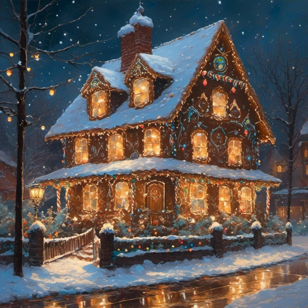 Charming Gingerbread House with Christmas Lights as Oil Pain...