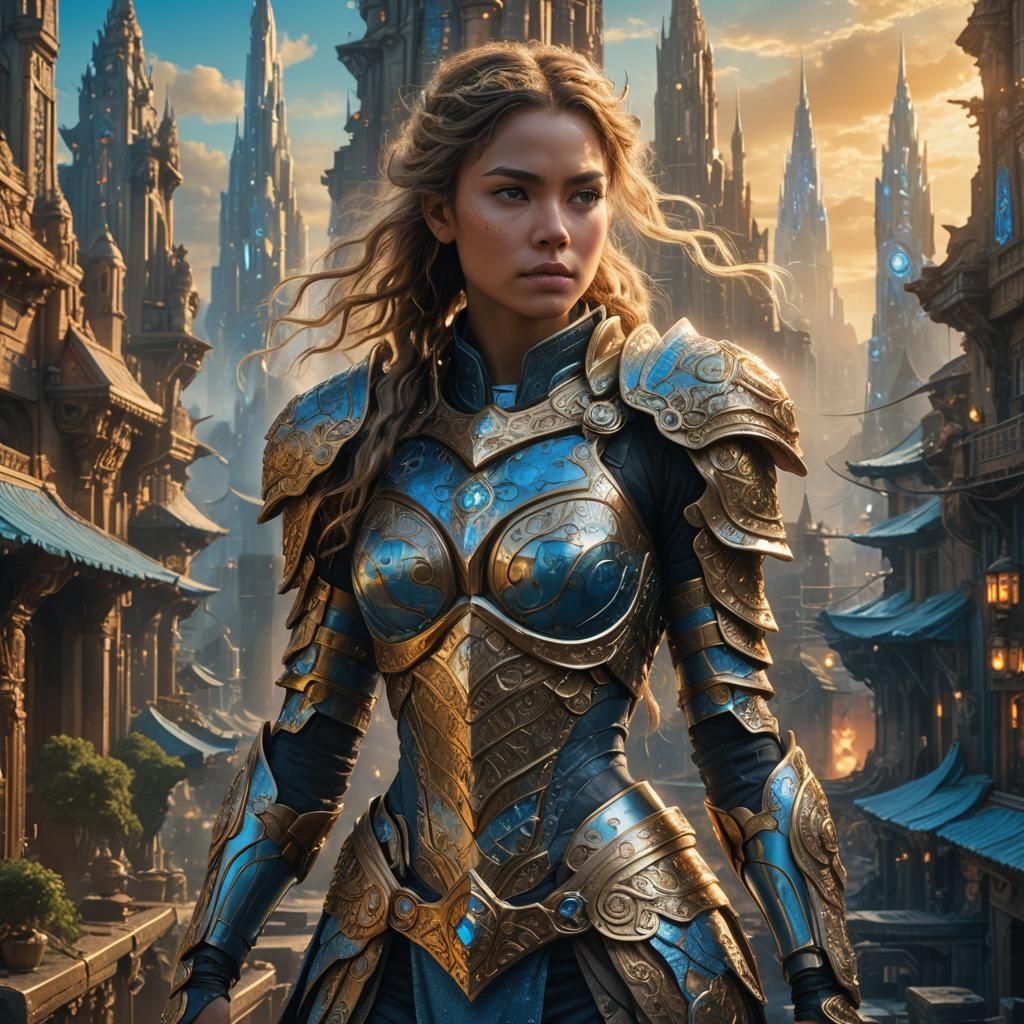 Fantasy Warrior in Futuristic Cityscape Digital Art