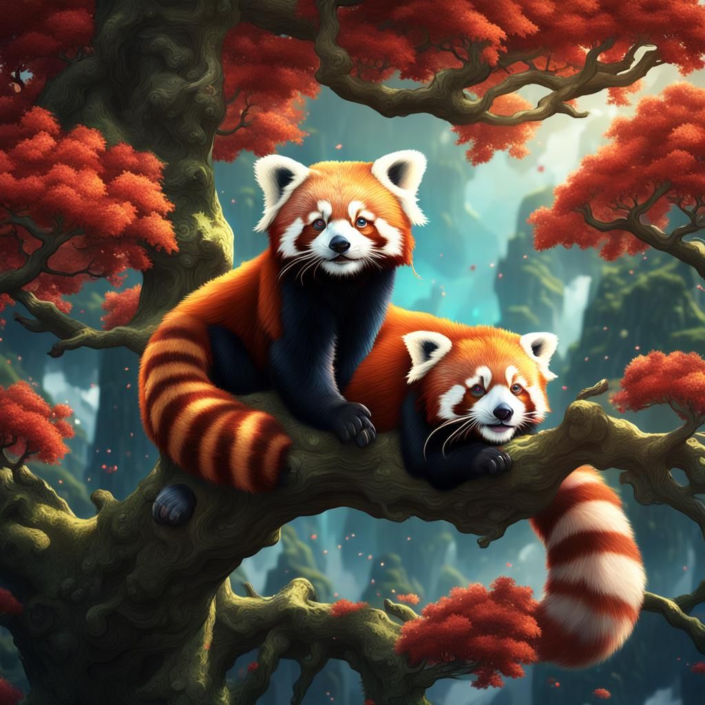 Heavenly Red Pandas in a Fantastical Tree