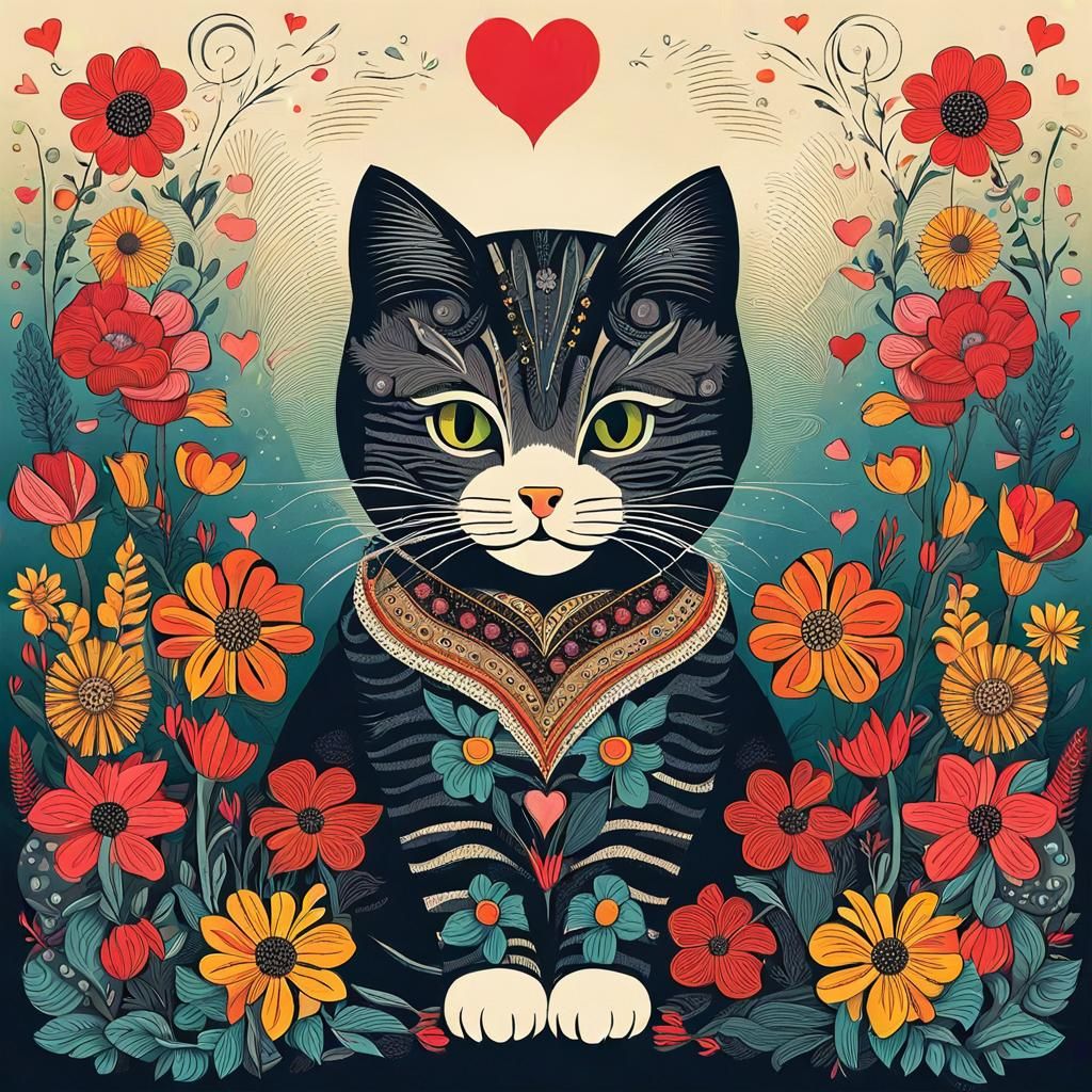 Cute Cat with Flowers Illustration