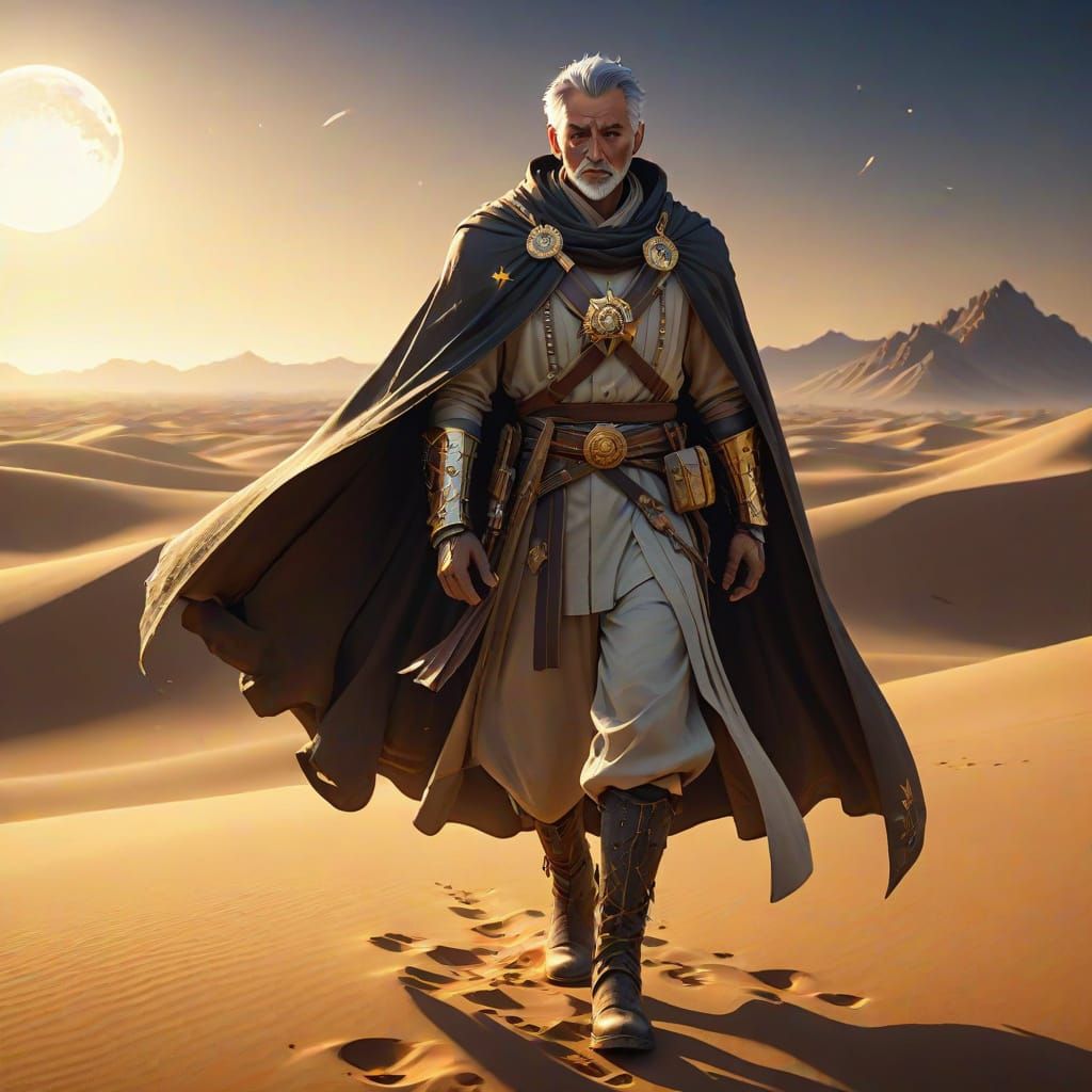 Heroic Desert Wanderer Under Golden Hour