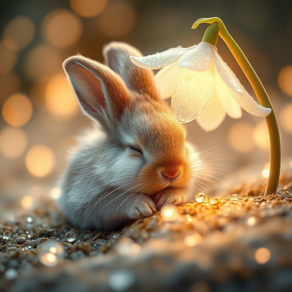 Baby Rabbit Sleeps Under Snowdrop Flower