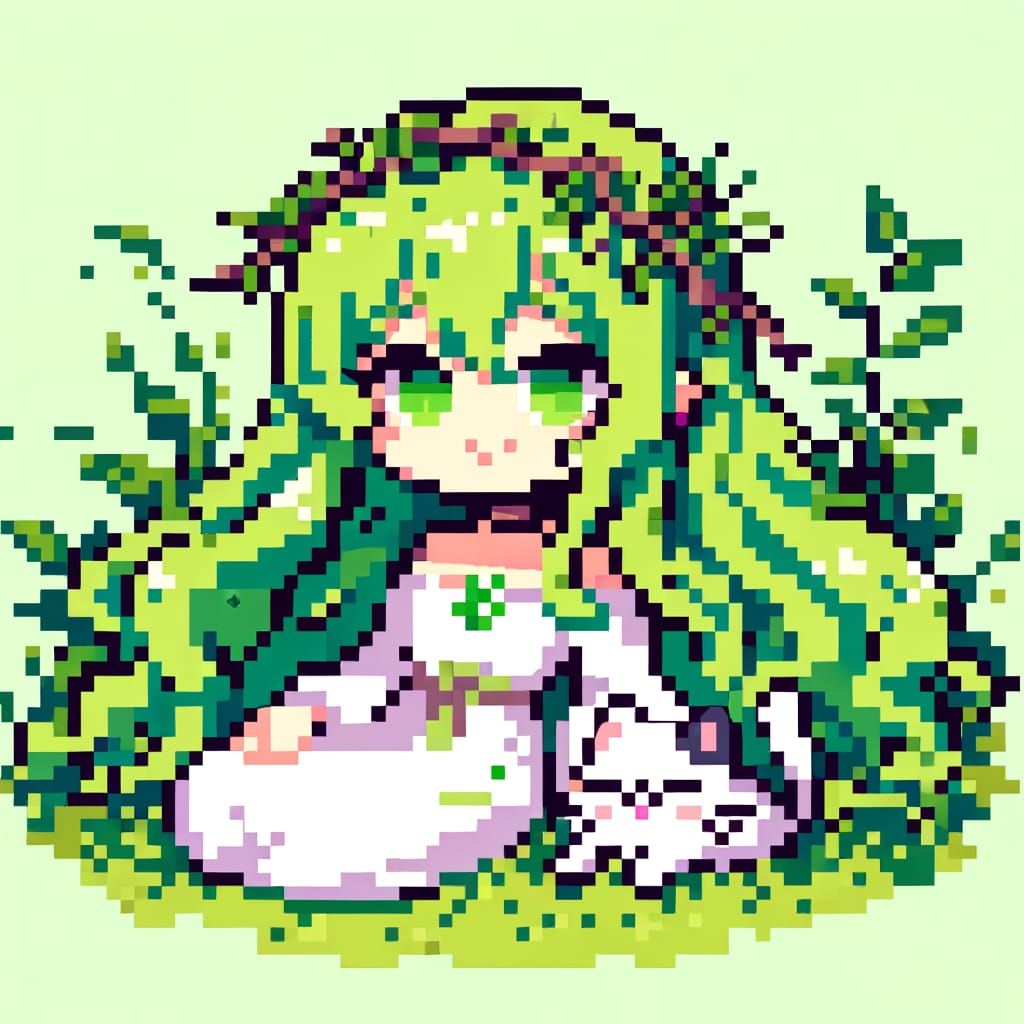 Pixelated Anime Dryad Girl in Peaceful Nature Scene