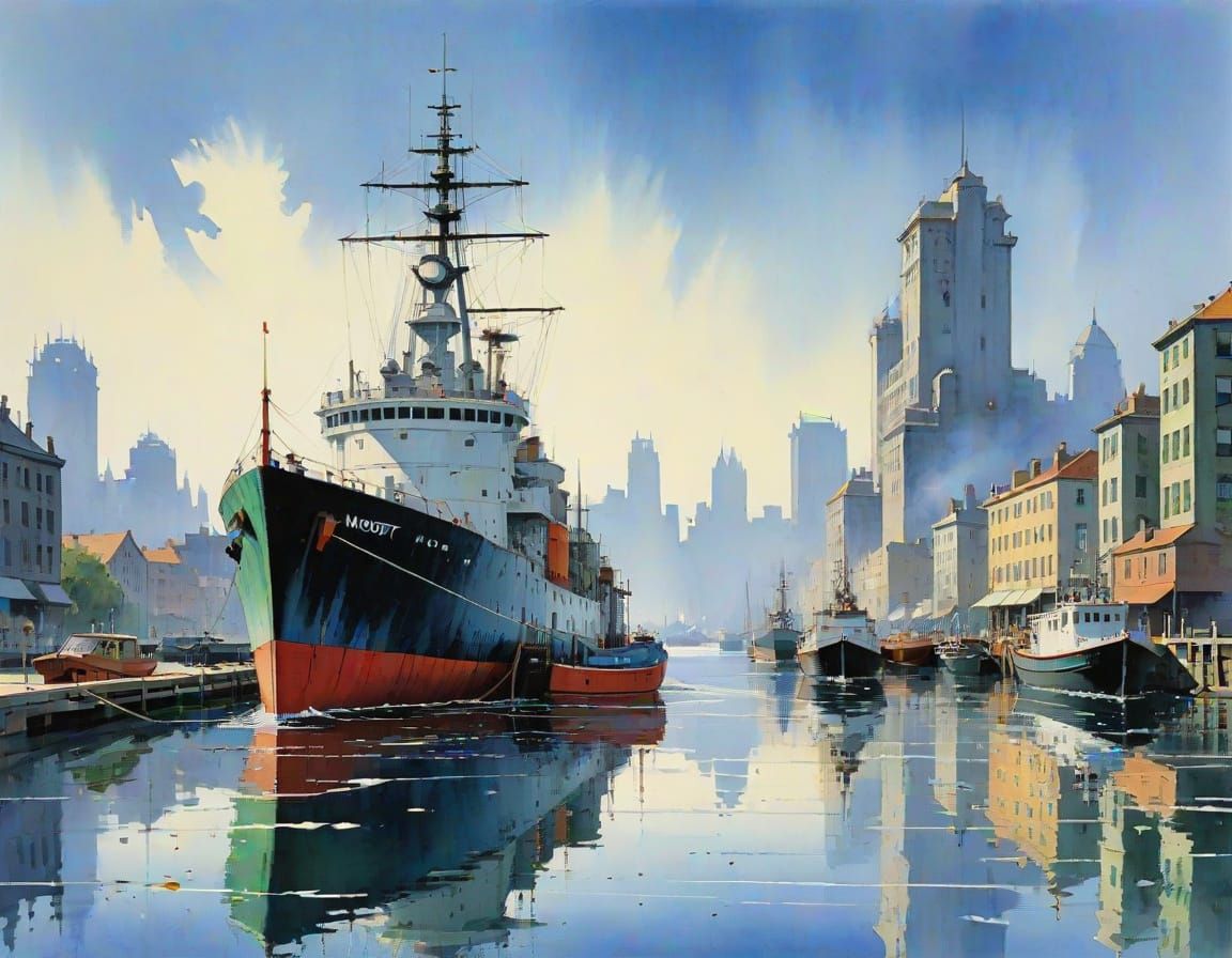 Whimsical Watercolor Cityscape by the Harbor