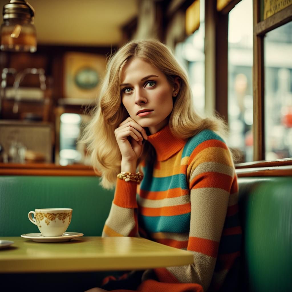 1970s Teen Girl in Cafe, Retro Photo