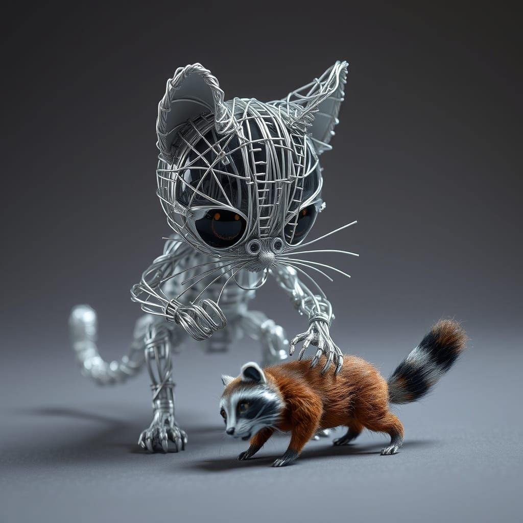 Futuristic Wire Kitten Playing with Raccoon