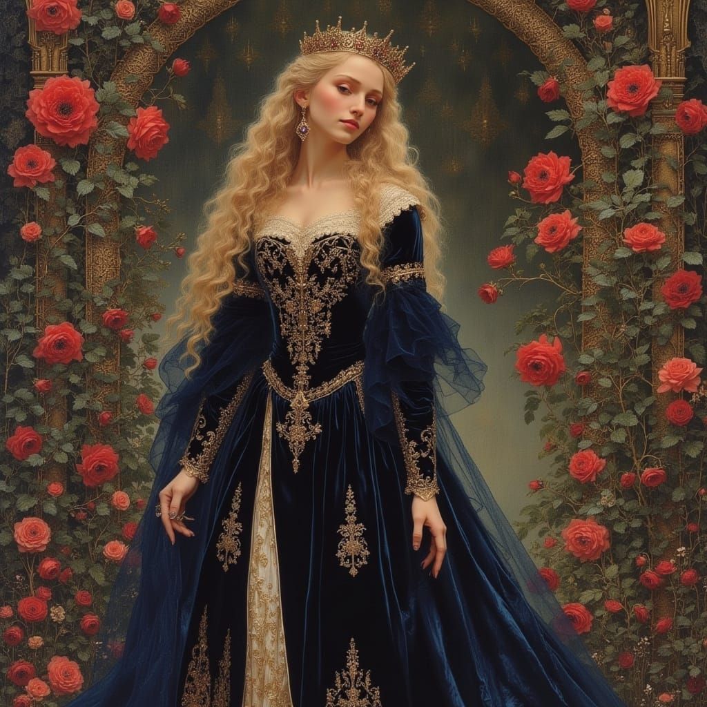 Majestic Queen in Rose Garden, Medieval Style