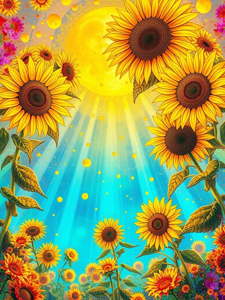 Giant Gilded Sunflowers Beneath Abstract Rainbow Ink