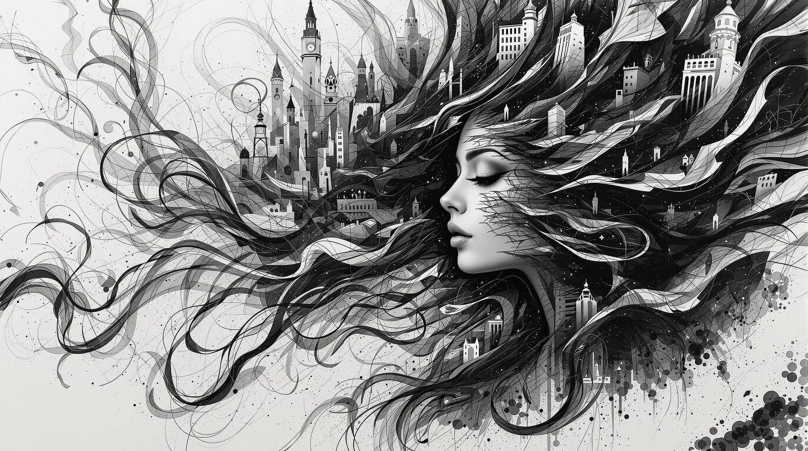 Surreal Cityscape Hair: Abstract Digital Art