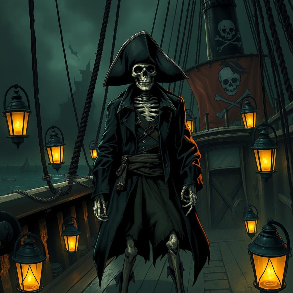 Dark Fantasy Pirate Skeleton on a Haunted Pirate Ship