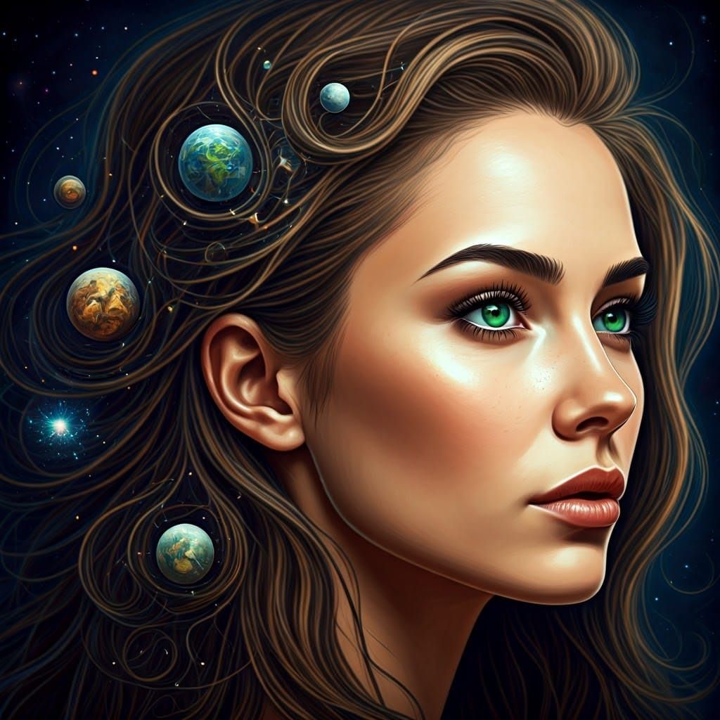 Cosmic Woman Portrait with Celestial Beings
