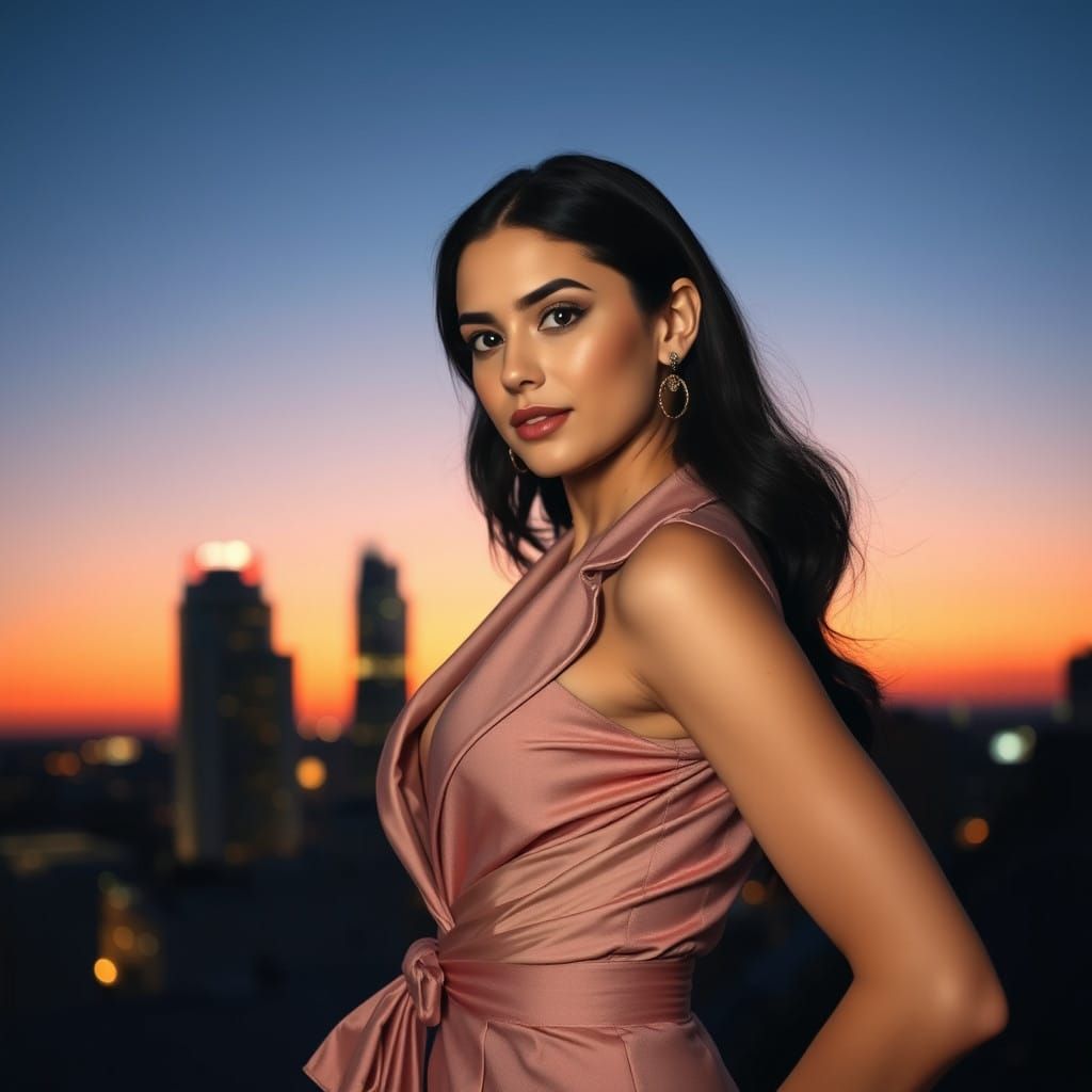 Confident Woman Posing Against Cityscape at Dusk, Cinematic...