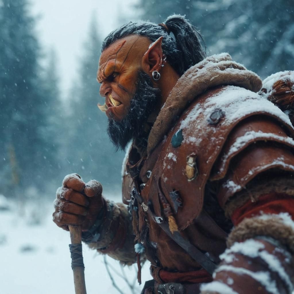 Half-Orc Ranger Tracking in the Snow