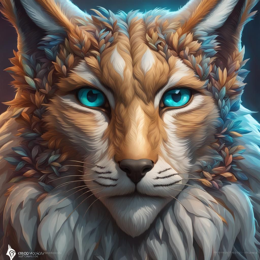 Lynx Peacock Hybrid Portrait in Art Nouveau Style